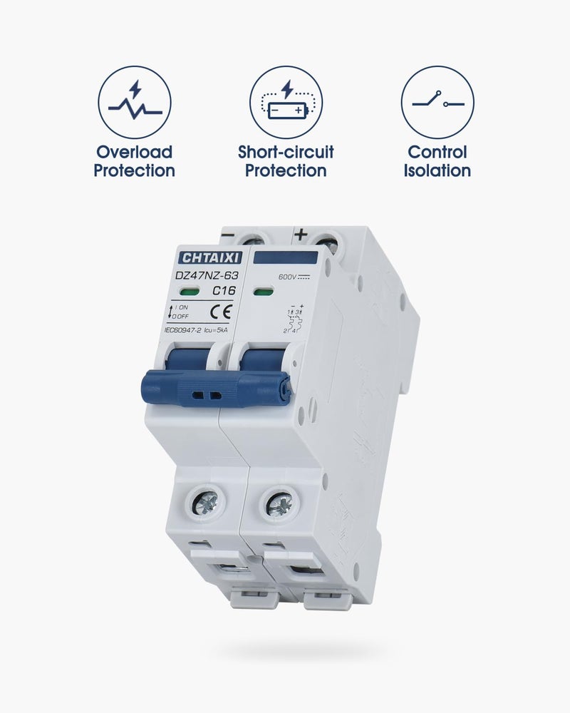 CHTAIXI DC Miniature Circuit Breaker, 2 Pole 600V 32 Amp Isolator for Solar PV System, Thermal Magnetic Trip, DIN Rail Mount DC Disconnect Switch C32 - Image 3